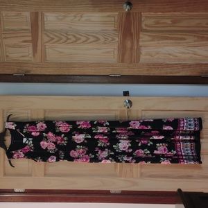 New! Black maxi dress pink flowers, cross chest opening, elastic stretch waist